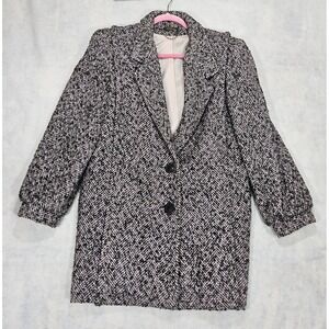 VTG 1980s Coat Womens Sz‎ M 10/8 Pencil Tweed New Wave Shoulder Pads Black Pimk